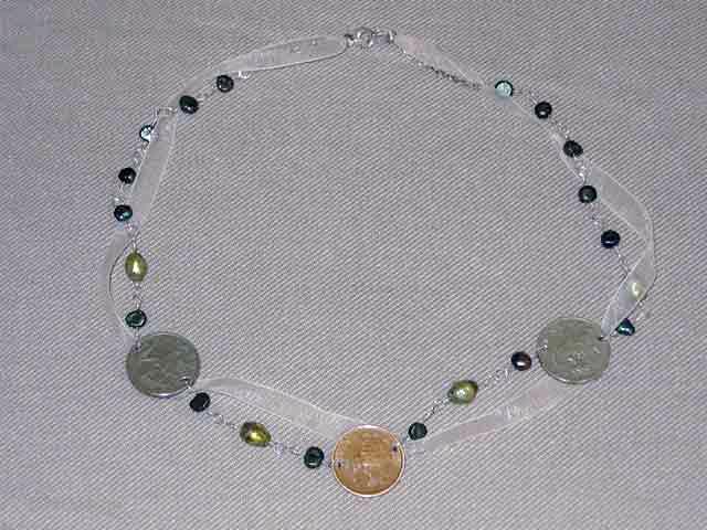 coin ribbon and pearls necklace