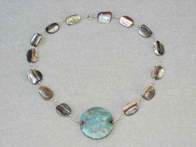 mother of pearl and oxidized copper necklace